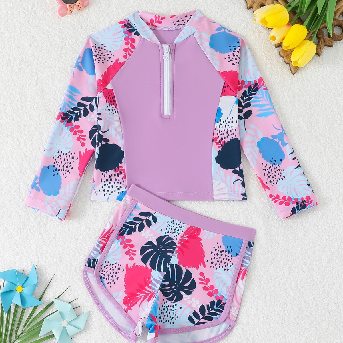 Girls Leaf Print 2 Piece Rash  - Rash Guard Long Sleeve ulasan dan harga