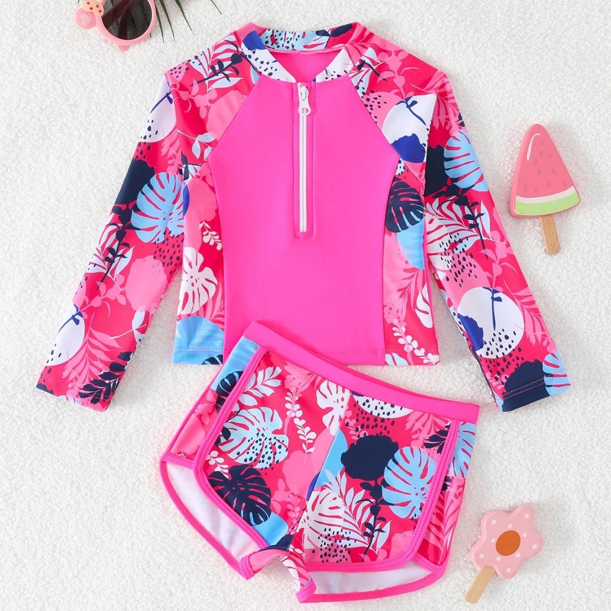 Girls Leaf Print 2 Piece Rash  - Rash Guard Long Sleeve ulasan dan harga