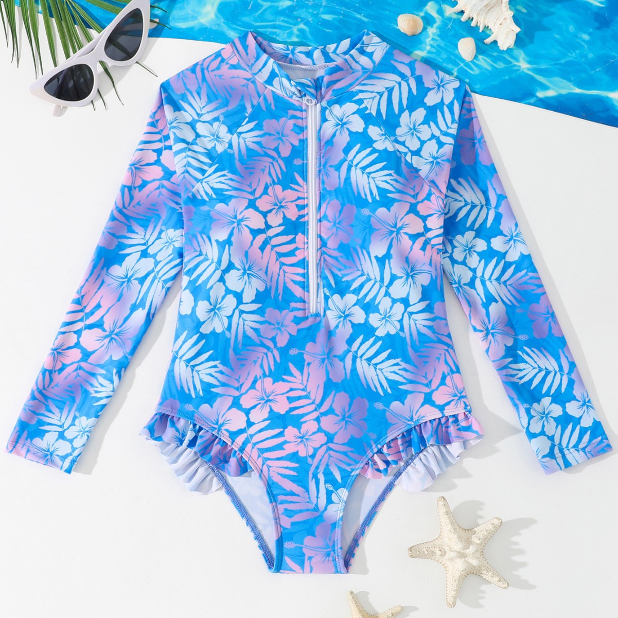 Girls Gradient Hibiscus Print  - Rash Guard Long Sleeve ulasan dan harga