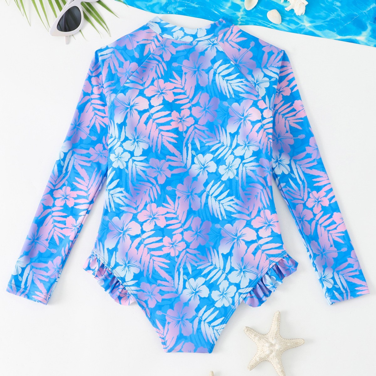 Girls Gradient Hibiscus Print  - Rash Guard Long Sleeve ulasan dan harga